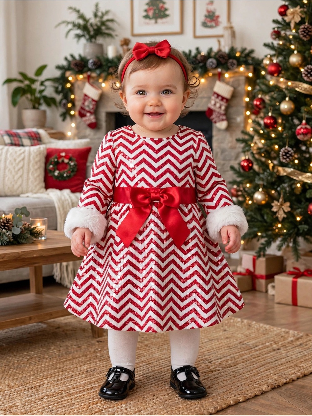 Bonnie Baby Red & White Chevron Print Long Sleeve Dress Size 12 Months